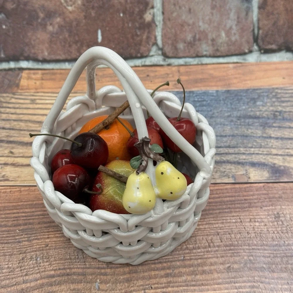 Vintage Ceramic Open Weave White Lattice Fruit Basket Pear Applique w Faux Fruit